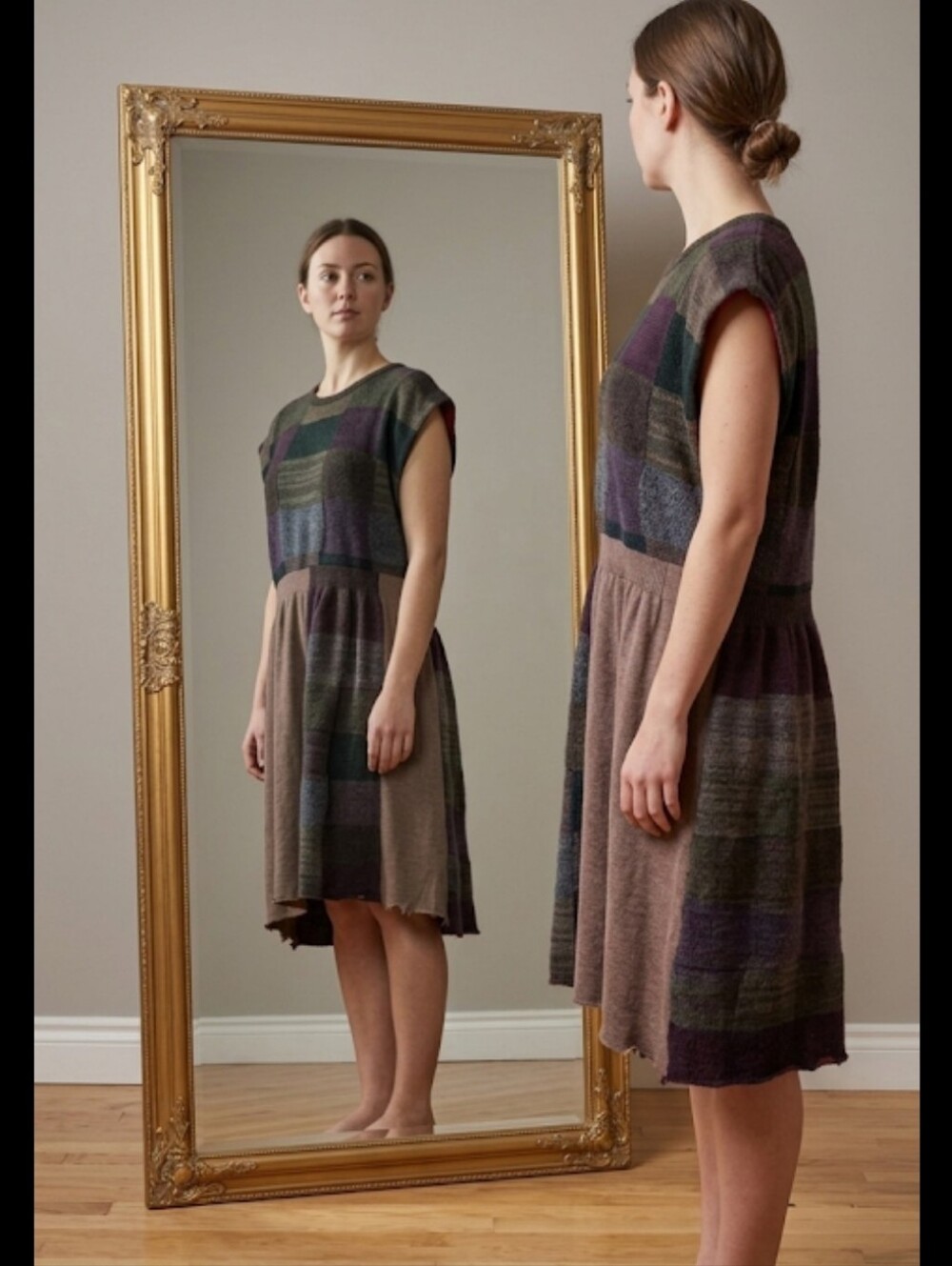 Upcycled vtg sweater dress jumper brown knit sz M-L uneven hem original